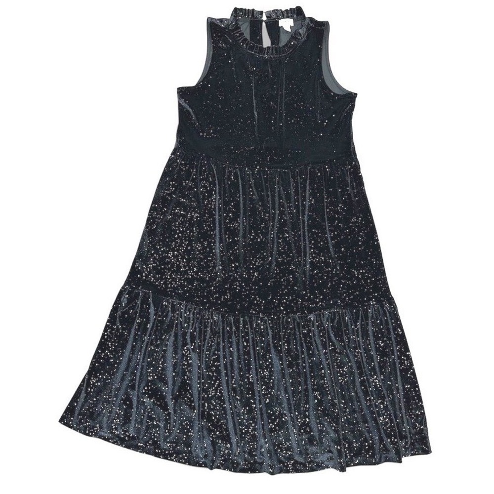 J.Crew Black Velvet Metallic Gold Dot Tiered Midi Dress Ruffle Neck 10P Petite